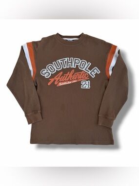 Southpole Waffle Knit Thermal Long Sleeve Shirt Brown/Orange Size Medium Y2K Vtg